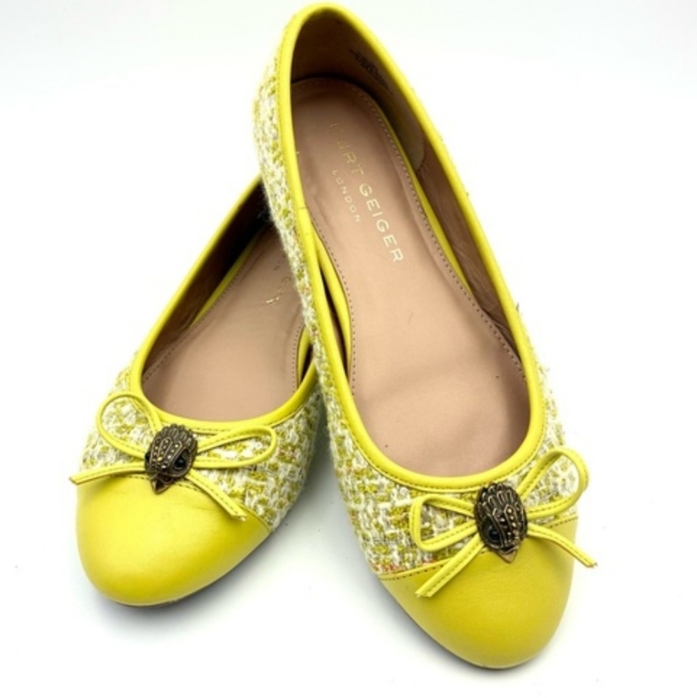 Kurt Geiger Yellow Tweed & Leather Bow Ballet Flats
